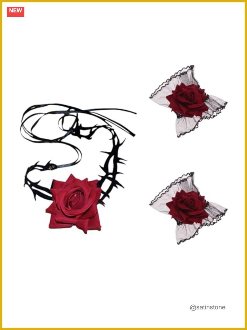 Lace Fingerless Gloves & Rose Neckband Set Victorian Gothic Costume Accessory